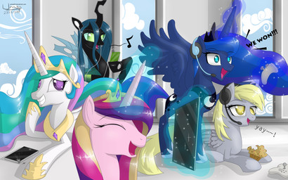 black_body blonde_hair blue_body blue_eyes blue_feathers blue_fur blue_hair cloud console crown electronics feathered_wings feathers female feral food fur green_eyes grey_body grey_feathers grey_fur group hair headgear headphones horn inside magic muffin multicolored_hair pink_body pink_fur portable_music_player purple_eyes sky smile tablet tablet_computer text tiara white_body white_fur window wings yellow_eyes unnop64 friendship_is_magic hasbro my_little_pony mythology derpy_hooves_(mlp) princess_cadance_(mlp) princess_celestia_(mlp) princess_luna_(mlp) queen_chrysalis_(mlp) arthropod changeling_(mlp) equid equine mammal mythological_creature mythological_equine pegasus winged_unicorn 2013 absurd_res english_text hi_res