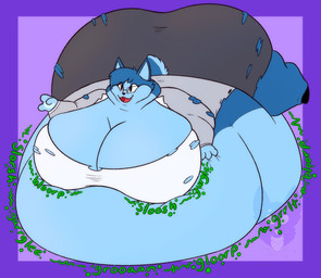 3_fingers anthro belly big_belly big_breasts big_butt biped black_eyewear black_glasses black_hooves blorp blue_body blue_countershading blue_fur blue_hair blue_tail border bottomwear breasts butt chubby_cheeks cleavage cleavage_overflow clothed clothing countershade_face countershade_fur countershade_neck countershade_tail countershade_torso countershading extended_sound_effect eyewear fat_arms fat_neck female female_anthro fingers fur glasses gloves_(marking) green_emanata green_text grey_bottomwear grey_clothing grey_jacket grey_skirt grey_topwear groan gurgle_(sound_effect) hair happy hooves huge_belly huge_breasts huge_butt hyper hyper_belly immobile jacket markings morbidly_obese morbidly_obese_anthro morbidly_obese_female obese obese_anthro obese_female open_mouth open_smile overweight overweight_anthro overweight_female purple_background purple_border rectangular_glasses red_mouth red_tongue rumbling_stomach scut_tail shirt short_tail simple_background skirt slosh sloshing_breasts smile solo sound_effect_variant sound_effects tail text tongue topwear torn_clothing unguligrade vowelless vowelless_sound_effect wardrobe_malfunction white_clothing white_shirt white_topwear strawberrymilkdog charlotte_fay catrobis felid mammal hi_res watermark