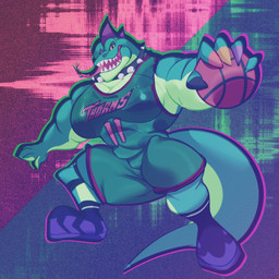 abs anthro basketball_uniform big_muscles big_pecs clothed clothing collar colored_nails facial_piercing flexing green_body green_clothing green_scales green_shirt green_topwear head_spikes looking_at_viewer male muscular muscular_anthro muscular_male nails pecs piercing purple_clothing purple_spikes red_eyes ring_piercing scales serratus shirt solo spikes spikes_(anatomy) sportswear studded_collar studs tail teeth text text_on_clothing text_on_shirt text_on_topwear thick_thighs topwear underbite underwear uniform yellow_sclera morishasu goat_(movie) sony_corporation sony_pictures modo_olachenko komodo_dragon lizard monitor_lizard reptile scalie 1:1 2026 2d_animation animated