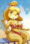 anthro beach big_breasts bikini blush breast_jiggle breasts clothed clothing female fur gesture hair heart_symbol jiggling outside seaside simple_background skimpy smile solo swimwear tail tail_motion tailwag two-piece_swimsuit waving melonleaf animal_crossing nintendo isabelle_(animal_crossing) canid canine canis domestic_dog mammal shih_tzu toy_dog hi_res