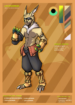 anthro armor athletic athletic_anthro athletic_male bottomwear clothing eyewear eyewear_on_head fur gauntlets gloves goggles goggles_on_head handwear long_ears male navel pants pecs smile smirk solo yellow_body yellow_eyes yellow_fur devildart bandai_namco digimon fakemon digimon_(species) lagomorph leporid mammal rabbit symbareangoramon