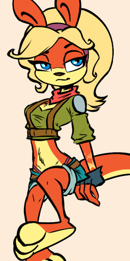 accessory anthro blonde_hair blue_eyes bottomwear clothing female fingerless_gloves fur gloves hair hair_accessory hairband handwear looking_at_viewer multicolored_body multicolored_fur orange_body orange_fur paws shirt shorts simple_background sitting solo tank_top topwear two_tone_body two_tone_fur soulcentinel violetechoes jak_and_daxter naughty_dog sony_corporation sony_interactive_entertainment tess_(jak_and_daxter) mammal mustelid ottsel digital_media_(artwork)
