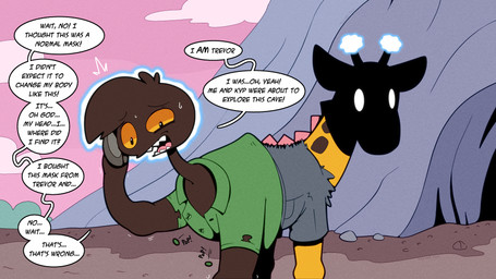 after_transformation bodily_fluids brown_body brown_fur cave clothed clothing cloven_hooves dialogue fur hooves identity_death implied_transformation living_tail mind_alteration orange_sclera panicked_look panicking psychic_powers shaded_face sharp_teeth solo speech_bubble sweat sweatdrop tail tail_head teeth text transformation twinning unusual_anatomy unusual_tail upside_down_transformation yellow_body yellow_fur trevor-fox nintendo pokemon kyp_(character) trevor-fox_(character) generation_2_pokemon girafarig pokemon_(species) 16:9 english_text hi_res widescreen