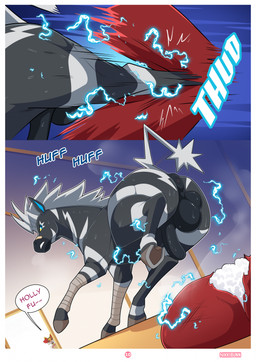 anus balls black_body bodily_fluids butt dialogue doorway duo feral genitals inner_ear_fluff kick male penis punching_bag quadruped speech_bubble striped_body stripes sweat tail text tuft nikkibunn nintendo pokemon boro_the_zebstrika ellie_the_braixen braixen generation_5_pokemon generation_6_pokemon pokemon_(species) zebstrika comic hi_res