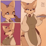 angry anthro big_breasts black_nose blue_eyes boop breasts cheek_tuft clothed clothed_anthro clothed_female clothing cross-popping_vein eyelashes facial_tuft female female_anthro fingers flower_on_head food front_view fur holding_food holding_object holding_plate long_sleeves looking_aside mouth_closed nose_boop open_mouth smile solo tail tan_body tan_ears tan_fur text three-quarter_view tuft waiter walking conditional_dnp tohupo kitsuki_(tohupo) canid canine fox mammal 1:1 2024 animated artist_name dated digital_media_(artwork) hi_res loop multiple_images no_sound short_playtime webm