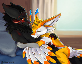 4_ears anthro bed black_body black_fur cuddling duo fur furniture head_on_chest horn lying lying_on_bed male male/male multi_ear on_back on_bed on_front orange_eyes pillow smile smiling_at_another smiling_at_partner white_body white_fur yellow_body yellow_fur vikas suffer_(phantom76) vikas_avali avali wickerbeast hi_res