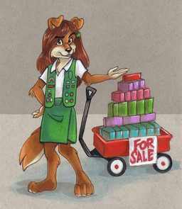 accessory anthro barefoot black_eyebrows black_nose bottomwear brown_body brown_eyes brown_fur brown_hair clothed clothing collared_shirt eyebrows feet female female_anthro floppy_ears folded_ears fully_clothed fur girl_scout_cookies green_bottomwear green_clothing green_skirt green_topwear green_vest hair hair_accessory hairclip long_hair plantigrade raised_eyebrow shirt skirt solo standing tail topwear vehicle vest wagon white_clothing white_shirt white_topwear young young_anthro young_female caliosidhe girl_scout girl_scouts_of_the_usa canid canine canis collie domestic_dog herding_dog mammal pastoral_dog sheepdog 2016 shaded
