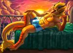 abs anthro backlighting balcony barefoot bed biceps biped blonde_hair bulge claws clothed clothing cloud day detailed_background digitigrade feet furniture hair horn light looking_at_viewer lying male manly multicolored_body multicolored_scales muscular muscular_anthro muscular_male on_back on_bed orange_body orange_scales outside pecs pose scales seductive shadow side_view sky smile solo sun sunset swimming_trunks swimwear tail topless yellow_body yellow_eyes yellow_scales azsola asian_mythology east_asian_mythology mythology maundrill avian bird dragon eastern_dragon mythological_creature mythological_scalie scalie detailed digital_media_(artwork) full-length_portrait lighting pinup portrait shaded soft_shading warm_colors