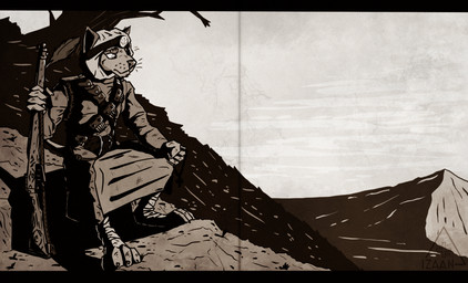 anthro backpack bandolier barefoot clothed clothing ears_up eyebrows feet fully_clothed gun hill holding_gun holding_object holding_ranged_weapon holding_rifle holding_weapon male military military_uniform mountain outside paws plant ranged_weapon rifle sitting sitting_on_ground soldier solo tree uniform warrior weapon mawkvlt species_request english_description restricted_palette