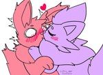 ambiguous_gender blush cheek_tuft duo emanata eyes_closed facial_tuft feral fluffy fluffy_tail head_tuft heart_symbol kissing monotone_body neck_tuft purple_body red_body simple_background surprise_kiss surprised_expression tail tuft nulloffset nintendo pokemon leif_(nulloffset) taro_(nulloffset) canid canine eevee generation_1_pokemon generation_5_pokemon mammal pokemon_(species) zorua hi_res watermark