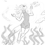 anthro big_eyes bottomwear clothing feet female hair long_hair membrane_(anatomy) plant seaweed shorts skinsuit sleeveless sleeveless_shirt solo swimming tail tight_clothing toes webbed_feet webbed_hands whiskers tateoftot fish leopard_seal mammal marine pinniped seal 1:1 hi_res monochrome sketch