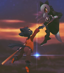 5_fingers ankh anthro baseball_bat bat_(object) black_body black_clothing black_fur black_hair black_topwear boots bottomwear cigarette clothed clothing cloud duo eye_contact eyelashes eyeshadow female fingers floating footwear fully_clothed fur green_body green_scales hair hand_holding head_ridge highlights_(coloring) holding_object lens_flare looking_at_another makeup orange_clothing orange_topwear pants red_eyes red_highlights scales shoes sky skyscape smile smoke smoking spikes spikes_(anatomy) sunset tail topwear rudragon night_in_the_woods bea_santello mae_borowski crocodile crocodilian domestic_cat felid feline felis mammal reptile scalie 2019 chromatic_aberration digital_media_(artwork) hi_res