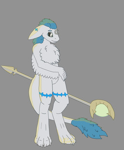 ambiguous_gender anthro blue_hair feathered_arms fluffy fluffy_chest forehead_jewelry fur hair kemono long_hair nuaros_(gev_ai) nude sad simple_background solo staff standing tail_brush white_body white_eyes white_fur gev_ai hybrid absurd_res hi_res