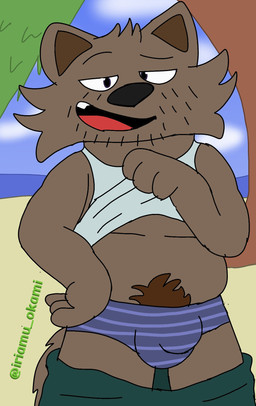 anthro artist_tag beach black_eyes black_nose black_whiskers bottomwear brown_body brown_fur brown_pubes clothing detailed_background facial_tuft fur green_bottomwear green_clothing green_pants looking_at_viewer male palm_tree pants plant pube_peek pubes red_tongue sea shirt slightly_chubby slightly_chubby_male solo striped_swimming_trunks swimming_trunks swimwear tank_top tank_top_pull tongue topwear tree tuft water whiskers white_clothing white_shirt white_tank_top white_topwear iriamu_okami potchari_(iriamu_okami) canid canine canis mammal wolf hi_res