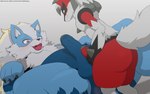 absurd_res anthro anthro_on_feral anus arcanine balls bestiality blue_body blue_fur blush bodily_fluids canid canine digital_media_(artwork) duo erection fan_character feral fur generation_1_pokemon generation_4_pokemon generation_7_pokemon genital_fluids genitals hi_res humanoid_genitalia humanoid_penis hybrid imminent_sex larger_feral larger_male lucario lycanroc lying male male/male male_on_anthro male_on_feral mammal nintendo on_back open_mouth penis pokemon pokemon_(species) precum sex size_difference smaller_anthro smaller_male smile tail tongue white_body white_fur winick-lim