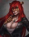 anthro big_breasts breasts cleavage clothed clothing fangs female green_eyes hair jacket jewelry leather leather_clothing leather_jacket leather_topwear long_hair looking_at_viewer necklace red_hair solo teeth tight_clothing topwear b.koal mahiri felid leopard mammal pantherine 4:5 hi_res