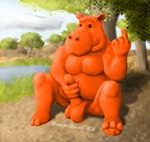 2021 anthro balls beady_eyes beckoning belly clay clay_creature cloud detailed_background eye_contact genitals gesture goo_creature hand_on_penis hi_res hippopotamid hooves looking_at_another male mammal masturbation moobs nude nude_male orange_body overweight overweight_anthro overweight_male penis plant savanna shaded shaded_background shaded_face sitting sky smile smiling_at_viewer solo tree watering_hole wontonrhino