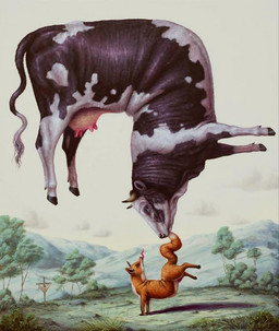 abstract_art ambiguous_gender body_horror crucifixion duo extreme_contortion feral forest_background levitation surrealism tongue what bruno_pontiroli bovid bovine canid canine cattle fox human mammal