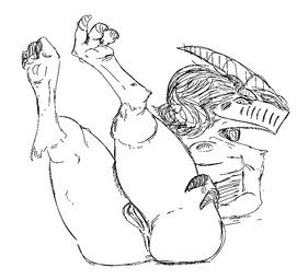 anus breasts female genitals horn looking_at_viewer lying on_back solo vulva yamabat teraurge shyni_(teraurge) humanoid monster aliasing digital_media_(artwork) monochrome sketch