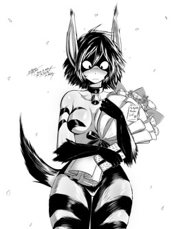 anthro bell bell_collar black_body black_fur blush collar embarrassed female flower fur gift monster_girl_(genre) nude plant slightly_embarassed solo tail technically_nude lok_polymorfa one-punch_man one_(manga) chapter_170_monster_girl_(one-punch_man) animal_humanoid humanoid monster hi_res monochrome