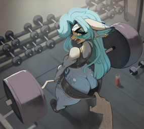 annoyed anthro assisted_exposure athletic athletic_male athletic_wear big_butt black_clothing blue_body blue_fur blue_hair blush blushing_profusely bodily_fluids bottomwear breasts butt clothed clothing cross-popping_vein dialogue duo ear_piercing electricity exercise exercise_clothing exercise_equipment female first_person_view fur fur_markings gym gym_bottomwear gym_shorts hair hands_on_hips high-angle_view huge_butt human_pov inner_ear_fluff long_hair looking_at_viewer looking_back looking_back_at_viewer male male/female markings piercing pov_hands rear_view sharp_teeth shorts shortstack sweat sweatdrop sweaty_butt teeth text thick_thighs tuft weights wide_hips yellow_eyes bunnluh league_of_legends riot_games tencent vareen_(lewdeunni) human mammal yordle absurd_res english_text hi_res