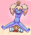 2024 anthro barefoot blonde_hair blue_body blue_fur breasts disfigure feet female fur genitals hair hammer hi_res humanoid imp league_of_legends navel nude one_eye_closed poppy_(lol) presenting presenting_pussy purple_eyes pussy riot_games simple_background solo tencent tools yordle
