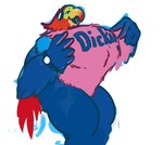 4_fingers anthro beak belly big_pecs blue_arms blue_legs clock electronics fingers hand_on_chest headphones male mascot narrowed_eyes open_mouth pecs pink_belly pink_chest red_tail solo standing tail text thick_thighs watch wristwatch sharkstomeatyou testosterone_(artist) tdk_(company) avian bird absurd_res english_text hi_res