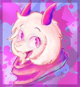 2_horns anthro eyewear floppy_ears fur glasses green_eyewear green_glasses horn lop_ears male open_mouth pink_eyes pink_horn pink_scarf scarf solo white_body white_fur cosmic_logem deltarune undertale_(series) ralsei bovid caprine goat mammal headshot_portrait hi_res portrait