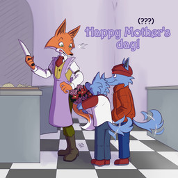 anthro apron blue_bottomwear blue_clothing blue_pants boots bottomwear bouquet clothed clothing flower flower_bouquet footwear fur green_bottomwear green_clothing green_pants grey_body grey_fur group hat headgear headwear holding_object holidays jacket kitchen knife male multicolored_body multicolored_clothing multicolored_fur multicolored_shirt multicolored_topwear orange_body orange_clothing orange_fur orange_jacket orange_topwear pants plant red_clothing red_hat red_headwear red_shirt red_topwear shirt shoes tail topwear trio two_tone_body two_tone_clothing two_tone_fur two_tone_shirt two_tone_topwear vest white_body white_clothing white_fur white_shirt white_topwear yellow_clothing yellow_topwear yellow_vest young young_anthro young_male purpleluckystar don't_eat_the_neighbours mother's_day barry_(don't_eat_the_neighbours) fox_(don't_eat_the_neighbours) simon_(don't_eat_the_neighbours) canid canine canis fox mammal wolf 2026 digital_media_(artwork) brother_(lore) brothers_(lore) sibling_(lore)