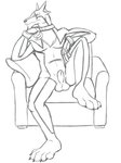 anthro clothing furniture genitals gloves hand_on_chin handwear male nude penis pillow simple_background sitting sofa solo white_background thegreatmatsutzu power_rangers doggie_kruger canid canine mammal black_and_white monochrome sketch