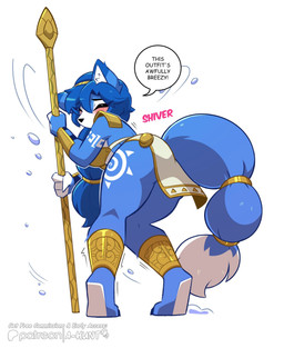 anklet anthro arched_back bangs big_butt blue_body blue_fur blue_hair bottomwear butt clothing dipstick_tail eyes_closed female fur fur_markings hair holding_object holding_weapon jewelry loincloth long_tail markings scepter simple_background solo speech_bubble tail tail_markings text thick_thighs weapon white_background white_body white_fur white_markings white_tail_tip wide_hips a-hunt nintendo star_fox krystal_(star_fox) canid canine fox mammal english_text hi_res