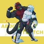 1:1 abs anthro armpit_hair beard blush body_hair boots bottomwear bulge chest_hair clothed clothing devin_(derpybro) dinosaur dromaeosaurid duo facial_hair fangs fight footwear grin hair hi_res male male/male merfiller muscular muscular_anthro muscular_male pants partially_clothed pecs red_hair reptile scalie smile tagg teeth theropod tight_bottomwear tight_clothing tight_pants topless velociraptor white_body white_hair