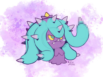 abstract_background ambiguous_feral ambiguous_gender blue_eyes closed_frown feral frown gesture hand_gesture middle_finger mouth_closed multicolored_body pupils purple_body purple_spikes solo teal_body teeth yellow_pupils yellow_sclera rongs1234 nintendo pokemon aquatic echinoderm generation_7_pokemon mareanie pokemon_(species) 2026 4:3 censored dated guide_lines hi_res mosaic_censorship signature