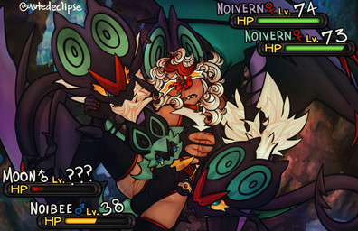 attacked belt blood blue_eyes blush bodily_fluids breasts bruised bruised_face bruised_wing bulge claws clothing collar crying curious curly_hair detailed_bulge distressed eyelashes eyewear facial_piercing female fingerless_gloves gameplay_mechanics genitals glasses gloves group gui gynomorph hair handwear health_bar intersex legwear leotard lesbian_nails lipstick long_tail makeup male mane mid_transformation penis piercing pokeball purple_eyes questionable_consent red_eyes scales small_breasts small_tail spiked_penis spikes spikes_(anatomy) stockings sweat tail tan_body tan_skin tears toe_claws torn_clothing torn_gloves torn_handwear torn_legwear torn_stockings white_eyelashes white_hair white_mane wing_claws winged_arms wings wound_on_chest wound_on_face wound_on_thigh mutedeclipse nintendo pokemon fan_character pokemon_trainer generation_6_pokemon humanoid noibat noivern pokemon_(species) pokemon_humanoid hi_res nonbinary_(lore)