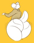 2018 anthro big_butt bottomless brown_clothing brown_eyes butt clothed clothing digital_media_(artwork) dinosaur hi_res huge_butt komdog looking_at_self looking_back male mario_bros monochrome nintendo orange_background partially_colored raised_tail rear_view reptile scalie simple_background solo sweater tail topwear white_yoshi yellow_background yoshi