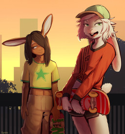 5_fingers anthro bottomwear brown_body brown_eyes brown_fur brown_hair city closed_smile clothing crop_top detailed_background dolphin_shorts duo ears_down evening eyelashes femboy fingers fur green_eyes hair hair_over_eye hat headgear headwear holding_object holding_skateboard long_ears long_sleeve_shirt looking_at_viewer looking_away male midriff mouth_closed multicolored_clothing multicolored_shirt multicolored_topwear navel open_mouth open_smile pants pink_inner_ear pivoted_ears plant railing red_clothing red_shirt red_topwear scut_tail shirt short_tail skateboard smile standing star tail tan_bottomwear tan_clothing tan_pants text topwear tree vehicle wearing_hat white_body white_fur white_hair white_inner_ear yellow_clothing yellow_shirt yellow_topwear twang emiliano_(sleepylp) janis_(twang) lagomorph leporid mammal rabbit 2025 artist_name hi_res