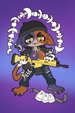 anthro breasts brown_body brown_fur chibi claws female fur grey_body grey_fur gun mottled nipples piebald ranged_weapon solo striped_sleeves toony weapon white_body white_fur alexlembus epic_games fortnite meow_skulls calico_cat domestic_cat felid feline felis mammal 2022 2:3 hi_res