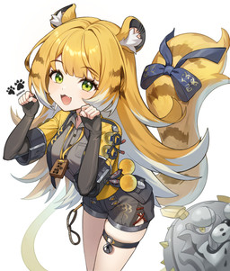 animal_ears black_clothing blonde_hair clothed clothing female fluffy green_eyes hair jacket looking_at_viewer open_clothing open_jacket open_mouth open_topwear orange_hair solo striped_hair tail topwear white_hair nawon mihoyo zenless_zone_zero ju_fufu animal_humanoid felid felid_humanoid humanoid mammal mammal_humanoid pantherine pantherine_humanoid thiren tiger_humanoid absurd_res hi_res