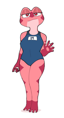 5_fingers anthro barefoot blue_clothing blue_swimwear breasts clothed clothed_anthro clothed_female clothing countershading feet female female_anthro fingers freckled_shoulders freckles front_view glistening glistening_eyelids gloves_(marking) markings medium_breasts membrane_(anatomy) mouth_closed non-mammal_breasts number number_on_clothing one-piece_swimsuit pink_body pink_skin raised_hand red_eyes school_swimsuit simple_background solo standing swimwear thick_thighs toes webbed_feet webbed_hands white_background white_sclera wide_hips conditional_dnp sonokido greater_ventura_city camille_dumont amphibian frog 2021 digital_drawing_(artwork) digital_media_(artwork) english_description full-length_portrait hi_res portrait
