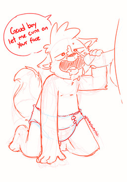 anthro bent_legs blush bodily_fluids clothed clothing cum cum_on_face diaper duo genital_fluids handjob kneeling male male/male masturbation nude penile precum sex speech_bubble tongue tongue_out wearing_diaper conditional_dnp scoty_doodlerz scott_james(scoty_doodlerz) canid canine fox mammal absurd_res hi_res sketch