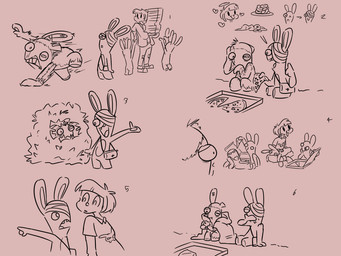 ambiguous_anthro ambiguous_gender anthro bandage bandaged_head bottomwear box brown_background brown_blanket brown_body brown_bottomwear brown_clothing brown_eyes brown_fur brown_pants brown_pawpads brown_pupils brown_shirt brown_skin brown_topwear buckteeth closed_frown closed_smile clothed clothed_female clothed_human clothing confusion container dessert dot_eyes doughnut eating eating_food empty_eyes eye_contact eyes_closed featureless_crotch featureless_legs feeding_another female female_human food frown fully_clothed fully_clothed_female fully_clothed_human fur gesture group hair halo hand_gesture hand_pawpads heart_symbol hearts_around_head hiding hiding_in_bushes holding_box holding_container holding_food holding_object holding_pizza holding_pizza_box horizontal_pupils jumping larger_female larger_human long_ears looking_at_another male mitten_hands mouth_closed narrowed_eyes no_pupils noseless number number_on_body on_lap one_eye_obstructed open_mouth open_smile pants pastry pawpads pizza pizza_box pizza_slice plant plate pointing pupils running_away scared shaking shirt short_hair short_legs shoulder_bag shrub simple_background simple_eyes sitting size_difference smaller_ambiguous smaller_anthro smaller_male smile smiling_at_another squint standing teeth topwear torn_ear trembling wrapped_in_blanket insertthenewblhere rabbids_invasion_(series) raving_rabbids rayman_(series) ubisoft alice_gassman emanual fan_character slug_(insert-thenewbl-here) human lagomorph mammal rabbid 2024 4:3 digital_drawing_(artwork) digital_media_(artwork) english_description hi_res multiple_scenes