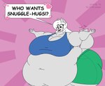 5_fingers anthro belly big_belly big_breasts black_nose blue_eyes bottomwear breasts cleavage clothed clothing copyright_symbol female fingers fur grey_body grey_fur hair heart_symbol huge_belly morbidly_obese morbidly_obese_anthro morbidly_obese_female navel obese obese_anthro obese_female open_mouth overweight overweight_anthro overweight_female pink_background red_mouth shirt shorts simple_background solo symbol tail tail_motion tailwag text topwear white_hair satsumalord canid canine canis mammal wolf english_text