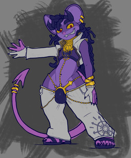 accessory anthro bottomwear bulge clothed clothing ear_piercing ear_ring fur grin jewelry male navel pants penis_accessory penis_jewelry piercing purple_body purple_fur red_eyes revealing_outfit ring_piercing skimpy smile solo spade_tail tail thong underwear yellow_sclera nommz kings_of_hell fan_character demon mammal mouse murid murine rodent 5:6 hi_res