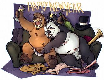 alcohol anthro balls beard beer_bottle belly beverage big_belly bottle bubble clothed clothing container cup deep_navel drinking_glass drunk drunk_bubble duo erection facial_hair furniture genitals glass glass_container glass_cup hat headgear headwear male male/male moobs navel nude_male obese obese_anthro obese_male on_sofa overweight overweight_anthro overweight_male pawpads penis sofa substance_intoxication top_hat underwear underwear_only wine_glass dead_stray_bear new_year_2026 bear giant_panda mammal hi_res