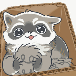 black_eyes black_nose box chibi container feral grey_body solo tongue tongue_out white_body yencatx mammal procyonid raccoon 1:1 2022
