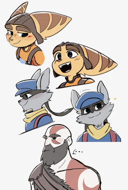 anthro beard clothing ellipsis eyebrows facial_hair grey_body group hat headgear headwear male open_mouth open_smile smile stripes trio yellow_body time_fluffy500 god_of_war ratchet_and_clank sly_cooper_(series) sony_corporation sony_interactive_entertainment sucker_punch_productions kratos ratchet_(ratchet_and_clank) sly_cooper humanoid lombax mammal procyonid raccoon 2026 hi_res