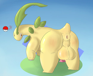 abstract_background anus balls big_balls butt butt_focus feral genital_raphe genitals huge_balls interrobang looking_at_viewer looking_back looking_back_at_viewer low_body male penis perineum plant pokeball presenting puffy_anus raphe_(anatomy) scrotal_raphe short_tail solo standing tail yellow_anus yellow_body sleepyscion nintendo pokemon bayleef dinosaur elemental_creature flora_fauna generation_2_pokemon pokemon_(species) prehistoric_species reptile scalie hi_res