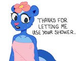 after_shower anthro black_eyes blue_body blue_fur buckteeth dialogue eyelashes female flower fur looking_aside open_mouth pink_nose plant simple_background solo tail teeth text towel water_droplets wearing_towel wet white_background myrant happy_tree_friends petunia_(htf) mammal mephitid skunk 2021 english_text