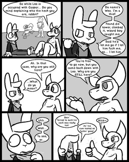 2_horns 3_toes 4_fingers anthro armor barefoot blush bottomless breastplate casual_nudity claws clothed clothing dialogue embarrassed eyebrows feet finger_claws fingers flaccid genitals gesture group hand_gesture hands_behind_back horn humanoid_genitalia humanoid_penis jacket kerchief male on_ground open_clothing open_jacket open_topwear penis profanity raised_eyebrow robe shirt shoulder_pads sitting speech_bubble text thumbs_up toes topwear ultilix caspar_(ultilix) leo_the_magician to-be-named-later wes_(ultilix) amphibian demon frog humanoid lagomorph leporid mammal rabbit shadow_creature 2025 comic english_text monochrome multiple_scenes