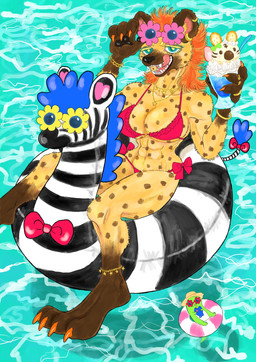 abs anthro big_breasts bikini bracelet breasts claws clothed clothing dessert eyewear female flower food fur hair ice_cream inflatable inner_tube jewelry licking looking_at_viewer markings muscular muscular_female necklace orange_hair paws piercing plant pool_toy smile solo spots spotted_body spotted_fur sunglasses swimwear tongue tongue_out two-piece_swimsuit water kyokyota hyena mammal spotted_hyena 2025 hi_res